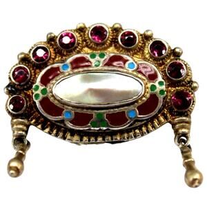 Vintage Brooch 935 Silver Pearl Enamel Rhinestone Red Green Blue • 1" Wide